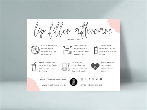Lip filler aftercare card template editable lip injections post care ...