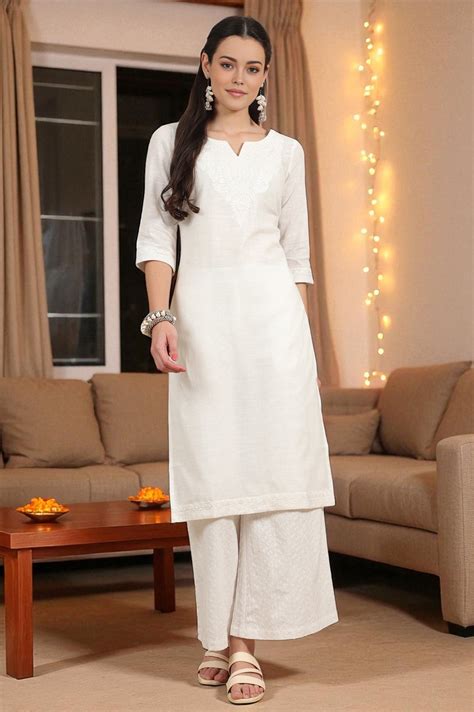 Buy White Thread Embroidered Pure Cotton Straight Kurta Online for ...