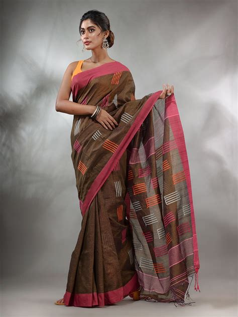 Brown Tissue Handwoven Saree With Woven Designs – Charukriti