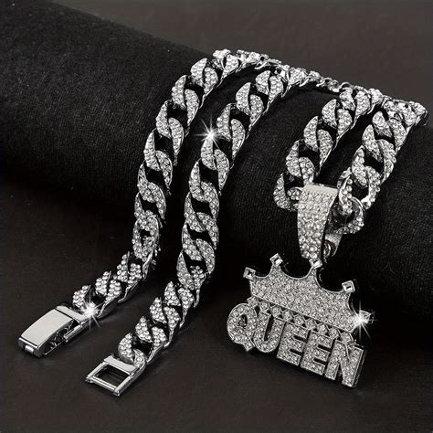 Cuban Link Chain Crown QUEEN Pendant Necklace Rhinestones Jewelry ...