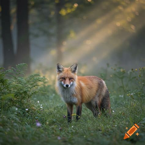 A red fox stands in a misty forest with sun rays shining through the trees. on Craiyon
