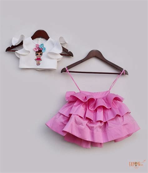 Off white Neoprene Pink Silk Crop Top with Skirt for Girls – FayonKids