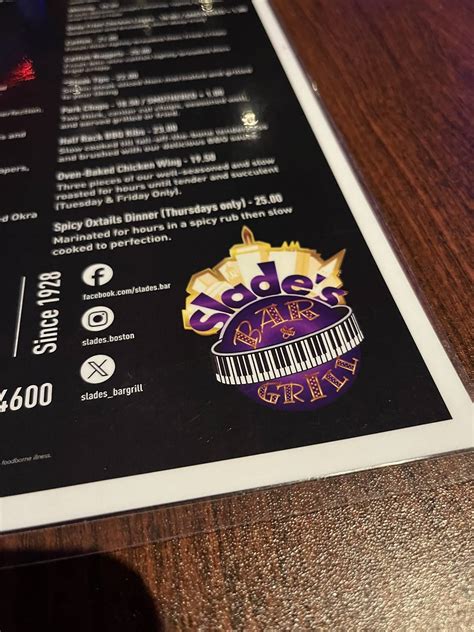 Menu at Slades Bar & Grill, Boston