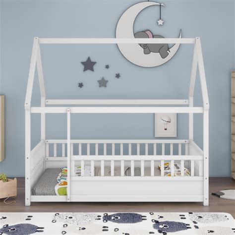 White Full Size Floor Wooden Bed with House Roof Frame and Fence ...