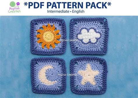 Sun, Moon, Cloud and Star Granny Square Crochet PDF PATTERN Pack ...