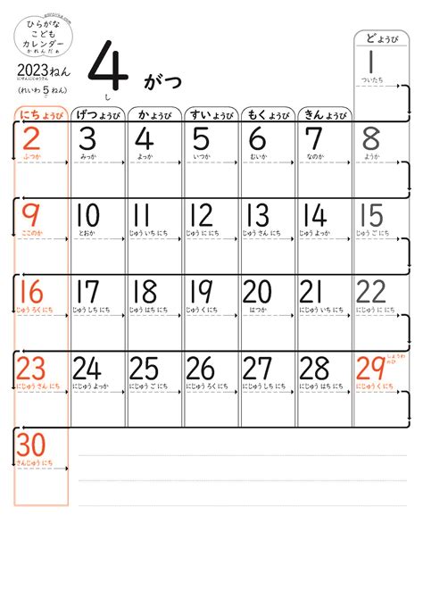 2023年4月ひらがなこどもカレンダー – Sirpirka