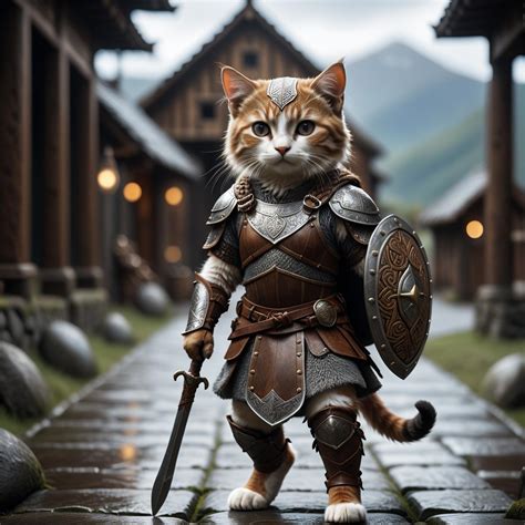 Arafed cat dressed in armor walking down a cobblestone path - SeaArt AI