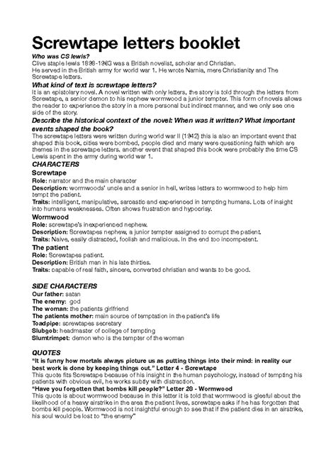 CS Lewis and The Screwtape Letters: A Study Guide - Studeersnel