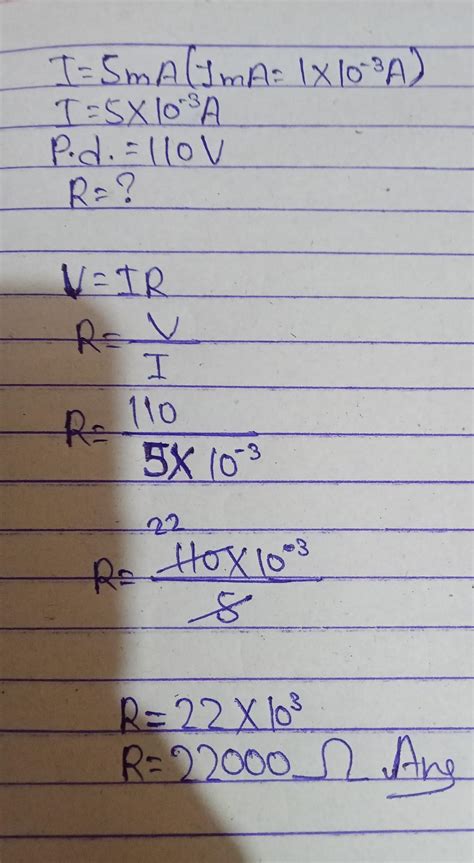 an electric current of "5mA" is passing through a p.d. of 110V. find ...