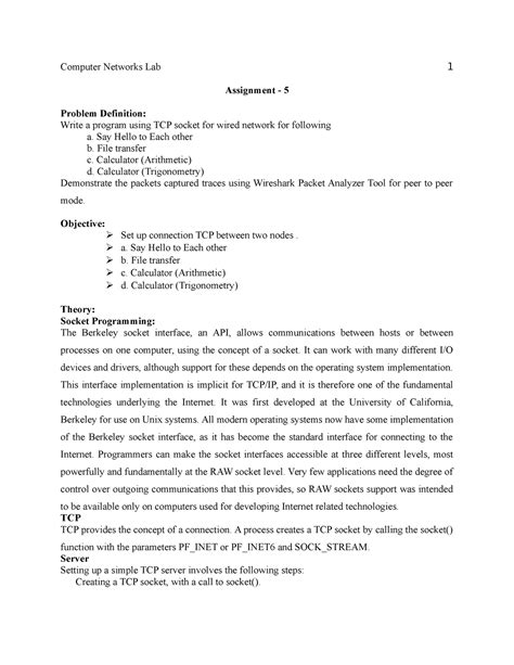 Cn lab manual a5 tcp socket - Assignment - 5 Problem Definition: Write ...