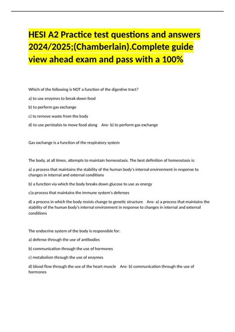 HESI A2 Practice test questions and answers 2024/2025;(Chamberlain ...
