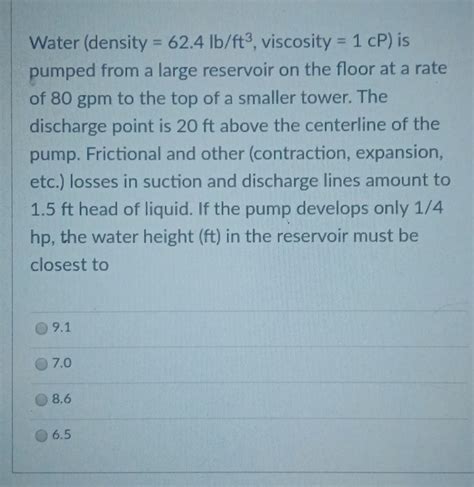 Solved Water (density = 62.4 lb/ft3, viscosity = 1 cP) is | Chegg.com
