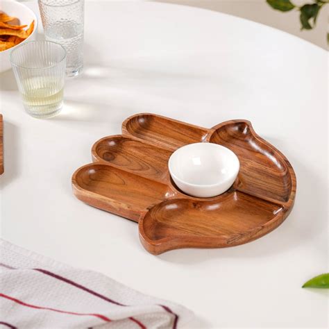 Hamsa Hand Wooden Platter With Dip Bowl Online - Premium Platter | Nestasia