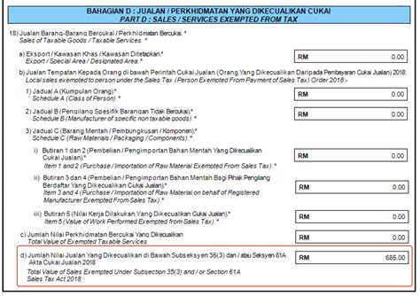 SST Total Value of Sales Exempted 18(d) into SST Return Form in Part D ...