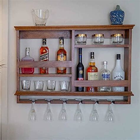 ODEJIA Wooden Wall Mounted Wine Rack, Bar Cabinet with Glass Storage ...