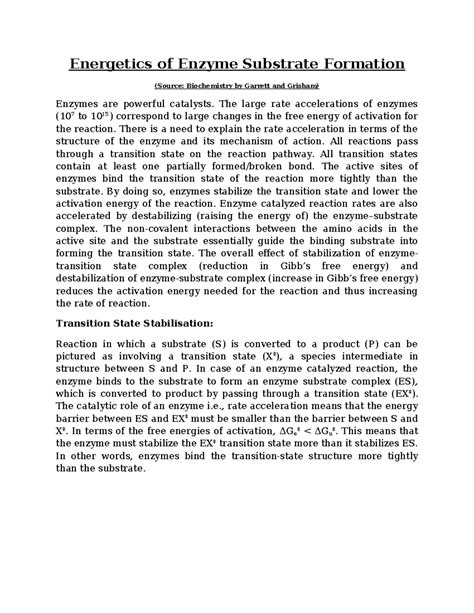 Energetics of Enzyme Substrate Complex Formation (Biochemistry) - Studocu