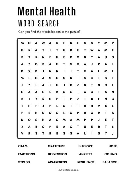 Mental Health Word Search Puzzle – TRIO Printables