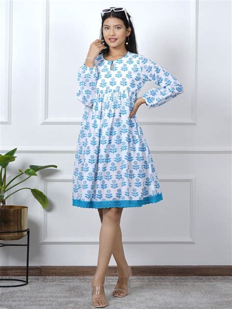 Buy Blue Hand Block Printed Cotton Dress | SSKR008R/SOTY2 | The loom