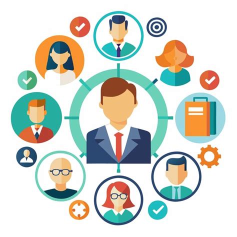 Businessman in center surrounded by colleagues icons and circles ...