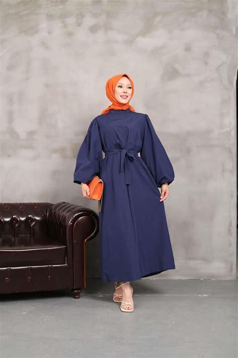 Navy Blue Puff Sleeve Dress - Nergis Neva Butik | ElbiseBul