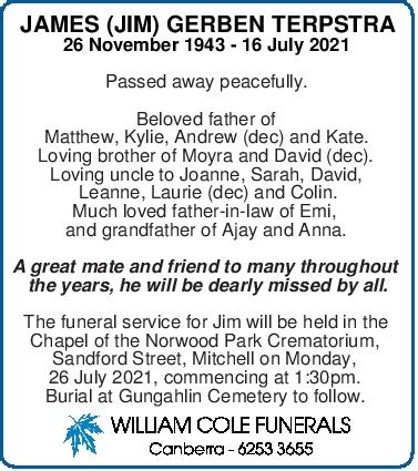 JAMES (JIM) GERBEN TERPSTRA | Tributes & Funerals | The Canberra Times ...
