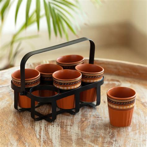 ExclusiveLane 'Geometric' Ceramic Kullad Cups Set of 6 (Microwave Safe ...