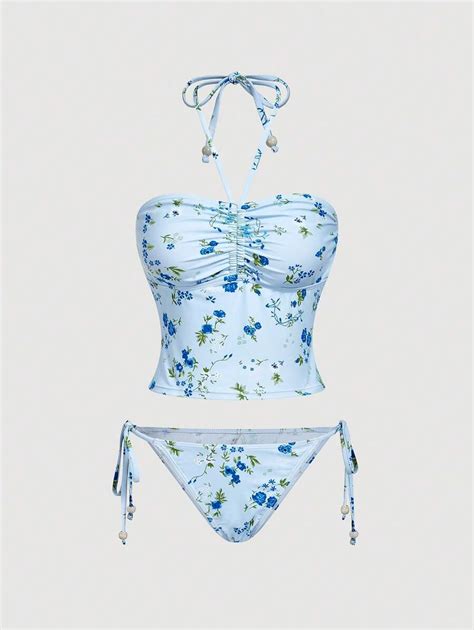 SHEIN MOD Women's Floral Print Halter Drawstring Bikini Set, Sexy ...