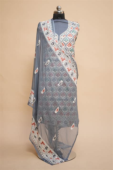 Grey colour designer aari work salwar kameez with running tulip jaal