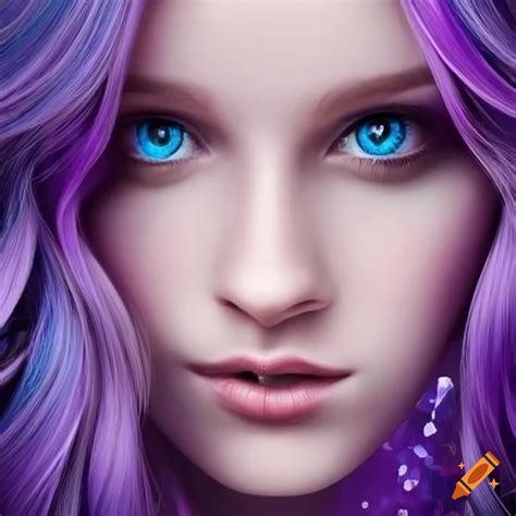 Elegant woman with long purple hair and intense blue eyes in a stylish ...