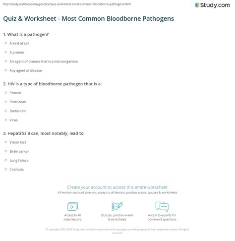 Quiz & Worksheet - Most Common Bloodborne Pathogens | Study.com