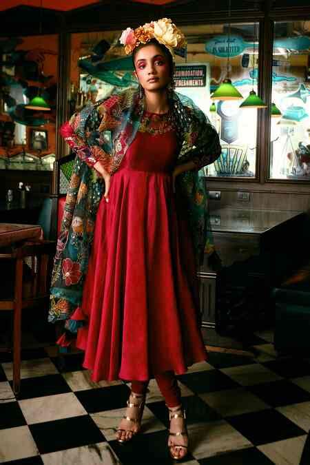 Buy Maroon Chanderi Anarkali Set For Women by Aisha Rao Online at Aza ...