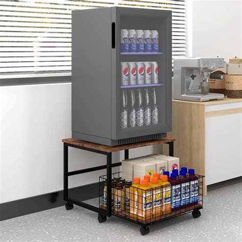 PUNCIA Mobile Mini Fridge Stand with Large Capicity Storage Portable Refrigerator Table with 4 ...