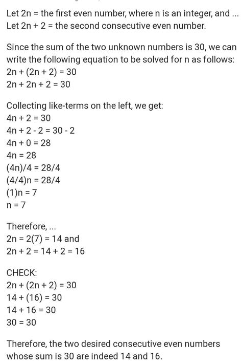 The sum of two consecutive even numbers is 30. Find the numbers ...