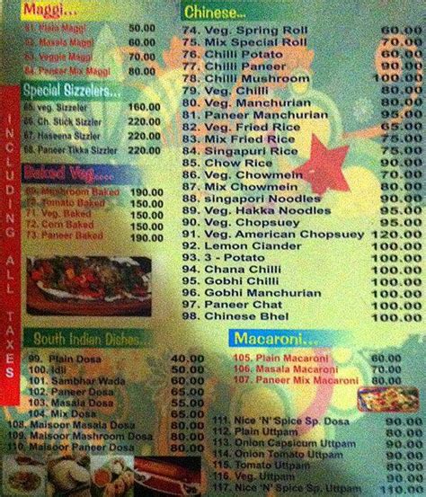 Menu at Nice N Spice, Kanpur
