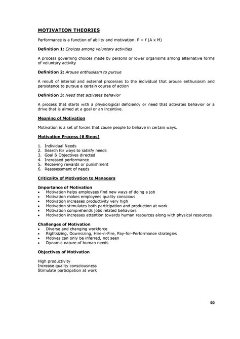 Hrm notes- Motivation theories - MOTIVATION THEORIES Performance is a ...