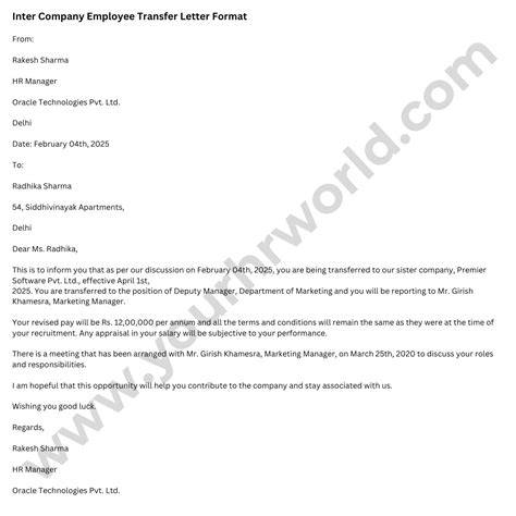 Image result for Work Transfer Letter Sample