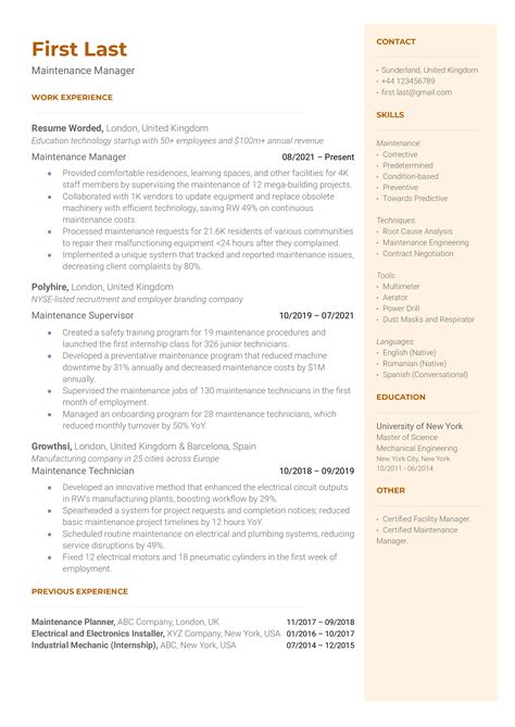 Maintenance Resume Example 的图像结果