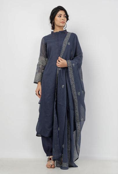 Aegean Blue Floral Butis Hand-Block Printed Kota Dupatta – TJORI