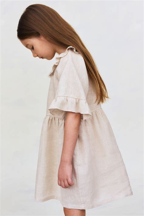 Light beige Frill-collared linen dress for kids | H&M IN
