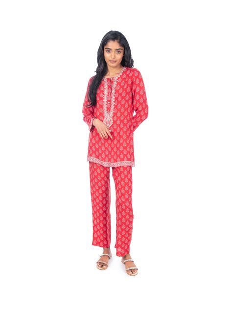 Red Block Printed Kurti & Pant Set – Monisha Jaising