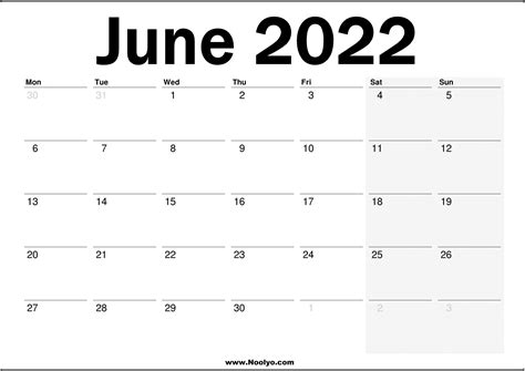 June 2022 Printable UK Calendar – Noolyo.com