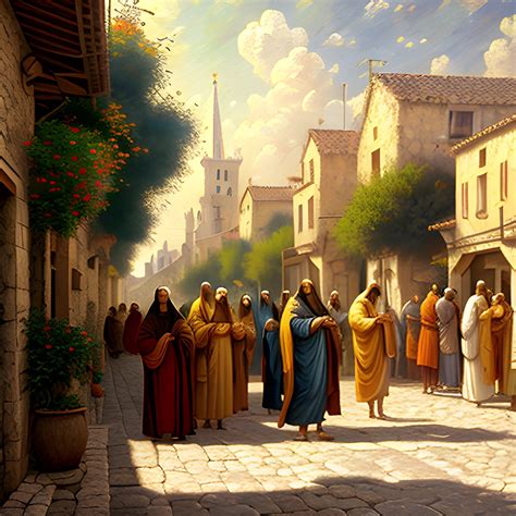 Jesus and his disciples in the street of a small village on the ...
