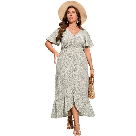 Curvy Women Plus Size Summer Dress Short Sleeve V Neck Button Ruffle ...