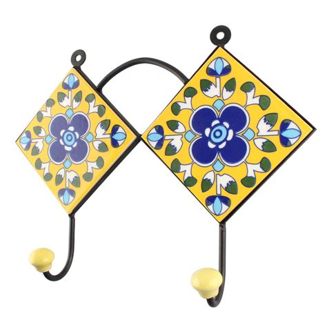 Navy Blue Floral Ceramic Tile Hook