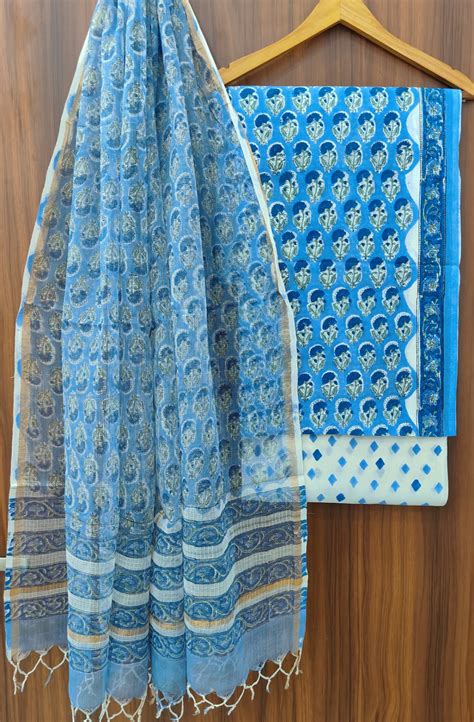 Pure Cotton Hand block print Unstitched Suit with Kota Dupatta . – fab ...