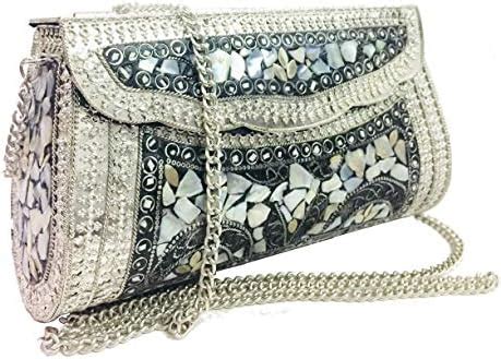 Trend Overseas silver shell nacre stone bag ethnic clutch indian ...