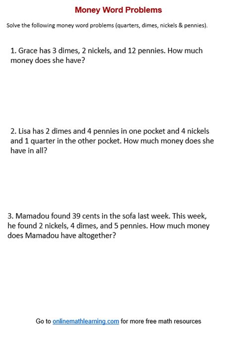 Money Math Word Problems Worksheets 的图像结果