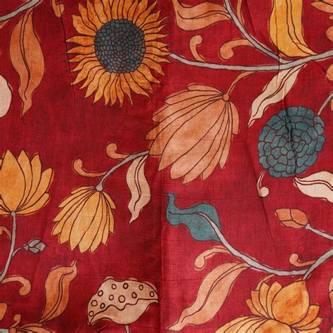 Dola Silk Kalamkari Digital Print Rust Red With Teal And Mustard Flowe ...