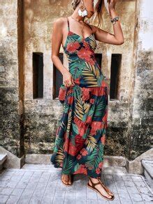 Aveloria Random Tropical Print Criss-cross Backless Cami Dress | SHEIN USA