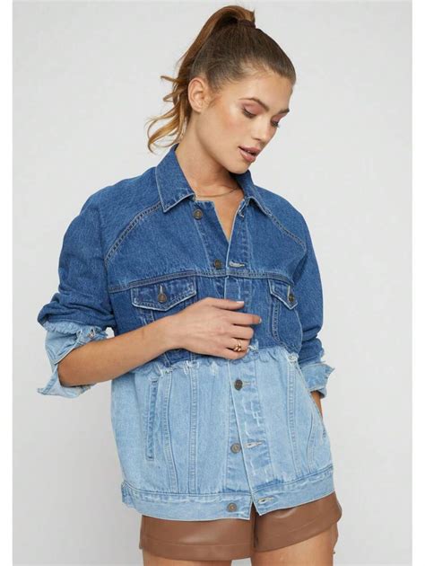 SANS SOUCI COLOR BLOCK TRUCKER JACKET Plain Casual Cute Denim JACKET ...